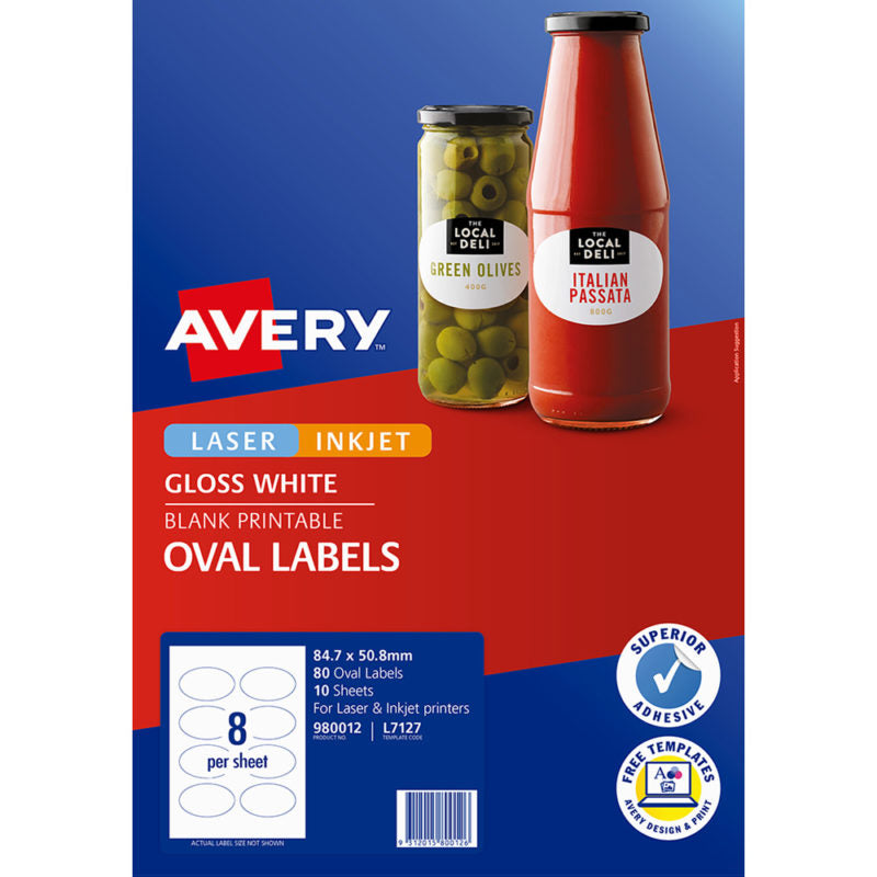 Avery L7127 Oval Glossy Labels White Packet 10