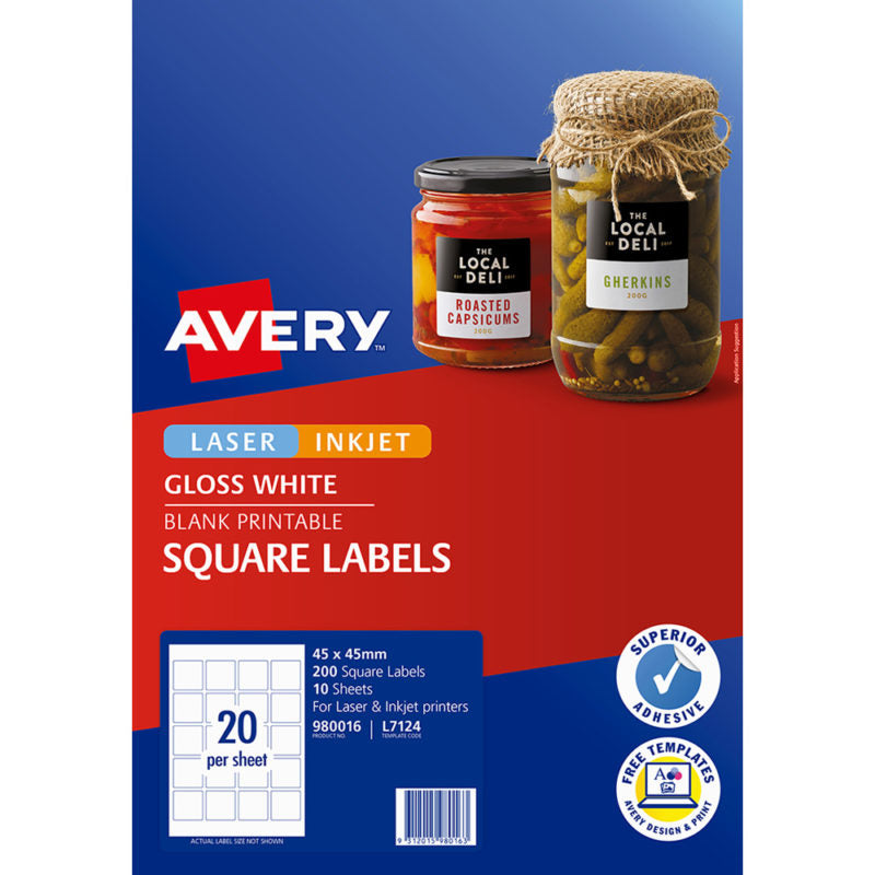 Avery L7124 Square Glossy Labels White Packet 10