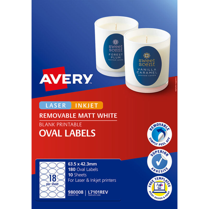 Avery L7101Removable Oval Labels White Packet 10