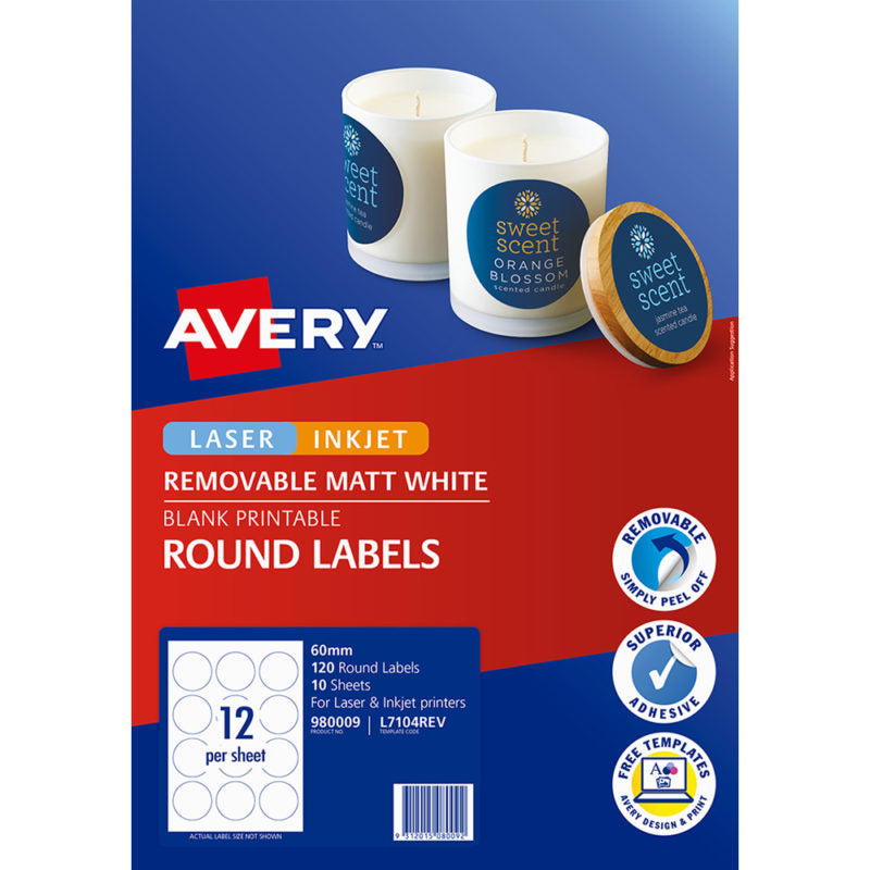 Avery L7104Removable Round Labels White Packet 10 60mm