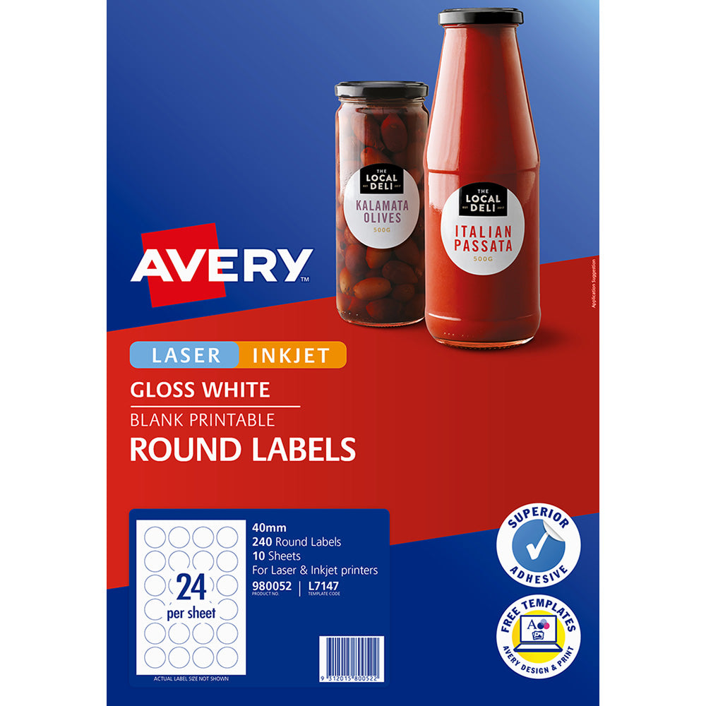 Avery L7147 Round Glossy Labels White Packet 10 40mm