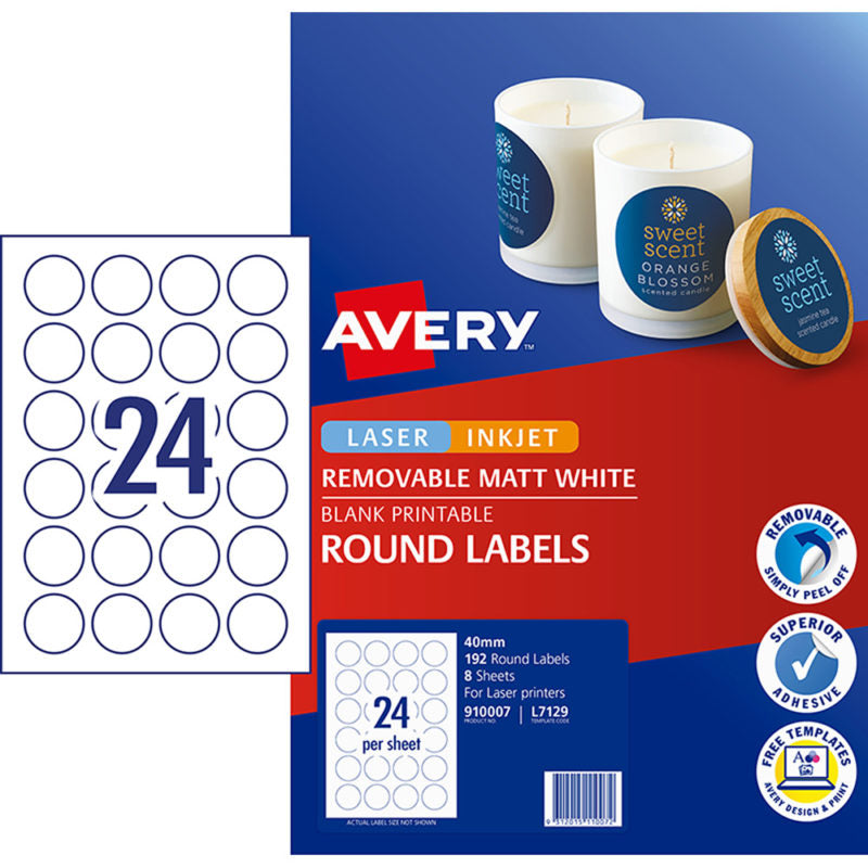 Avery L7129 Round Matte Labels White Packet 8 40mm