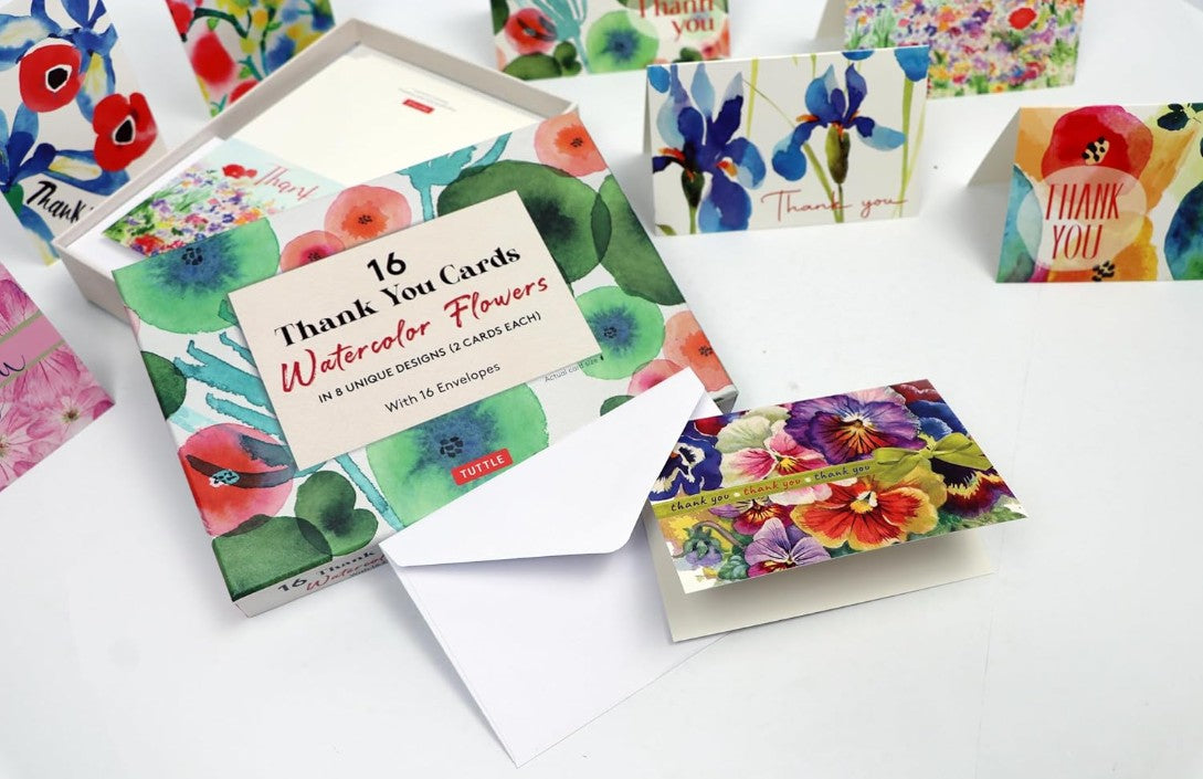 WATERCOLOUR FLOWERS 16 THANK YOU CARDS