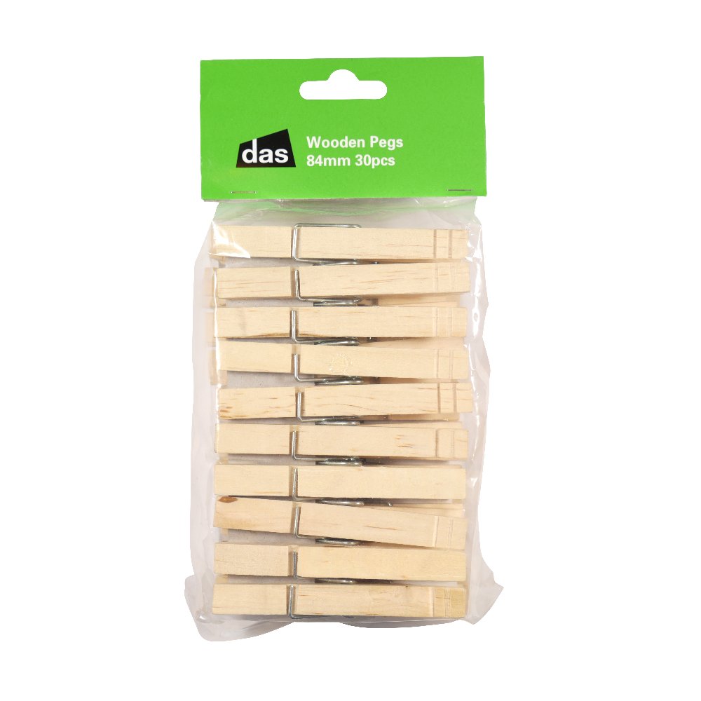 DAS WOODEN PEGS WITH SPRING 84MM PKT 30