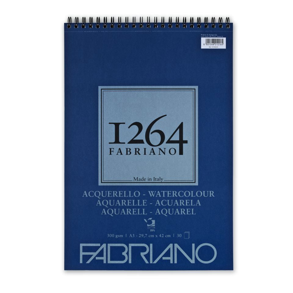 Fabriano 1264 Watercolour Pad 300gsm Top Spiral 30 Sheets A3