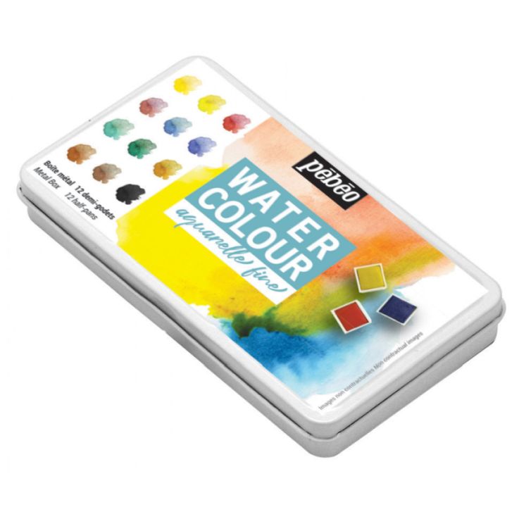 Pebeo Watercolour Paint Set Pocket Metal Box Half Pan Set 12 SET