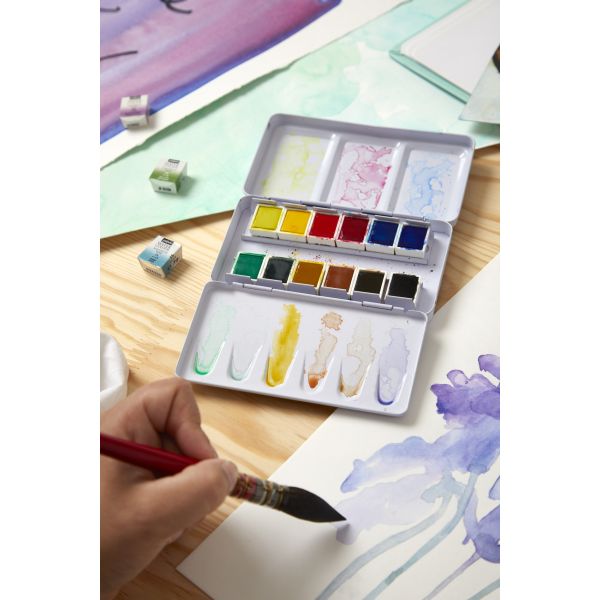 Pebeo Watercolour Paint Set Pocket Metal Box Half Pan Set 12 SET