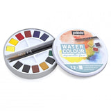 Pebeo WATERCOLOUR PAINT SET 12 ROUND METAL BOX HALF PAN