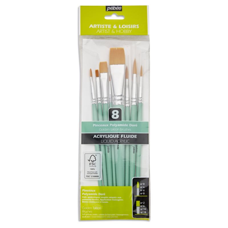Pebeo Brush Short Round/Flat Yellow Polyamide Set 8 SET