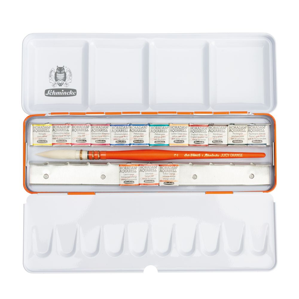 SCHMINCKE HORADAM WATERCOLOUR PAINT JUICY ORANGE SET 15 X 1/2 PANS + BRUSH