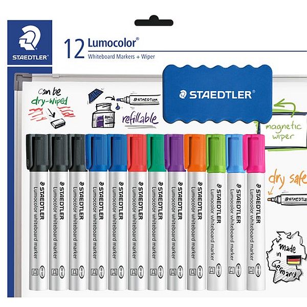 Staedtler Lumocolor Whiteboard Marker Bullet Tip Set 12 With Eraser
