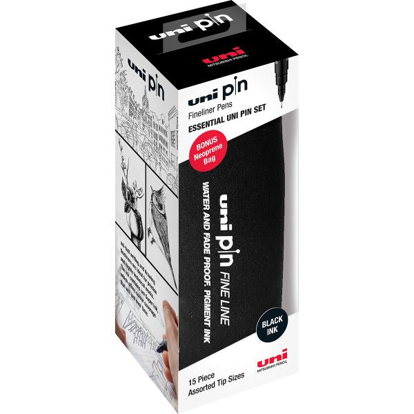 Uni Pin Fineline Permanent Pen Set 15 Includes Bag SET