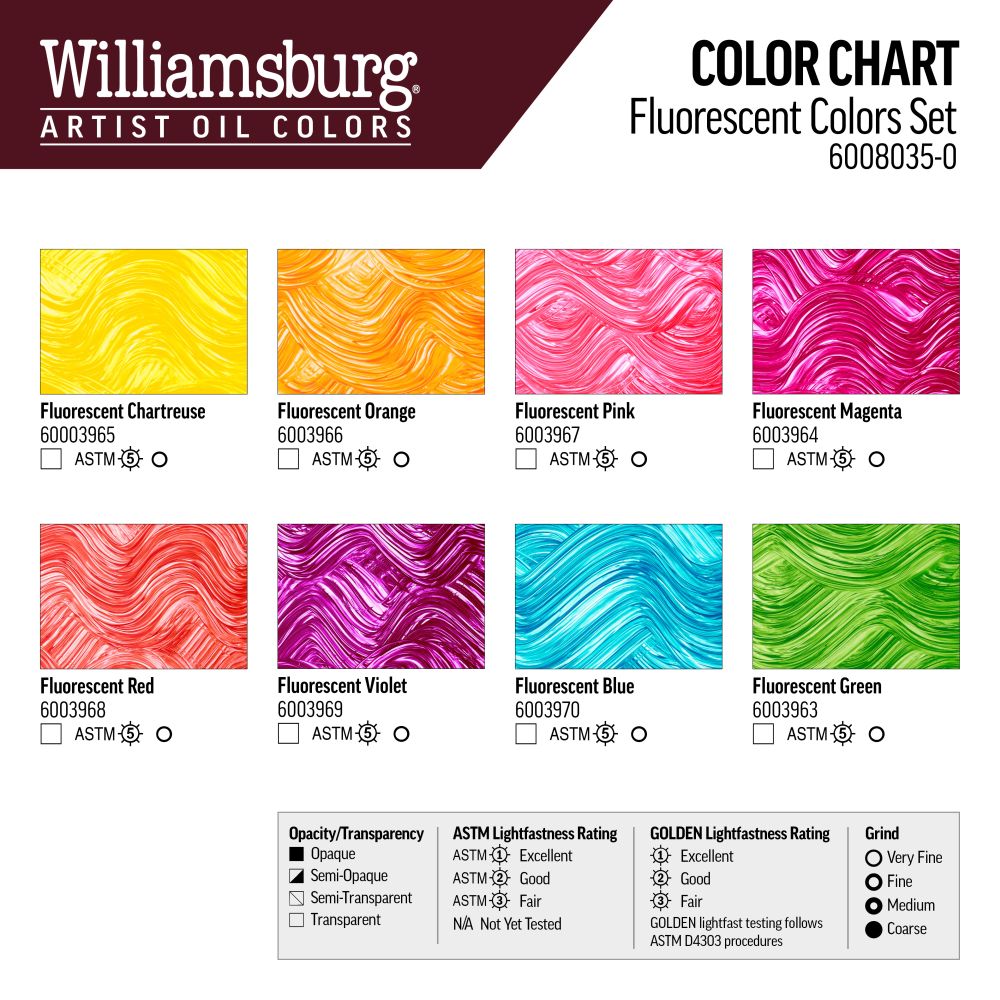 WILLIAMSBURG OIL PAINT FLUORESCENT COLOR SET 8 X 22ML
