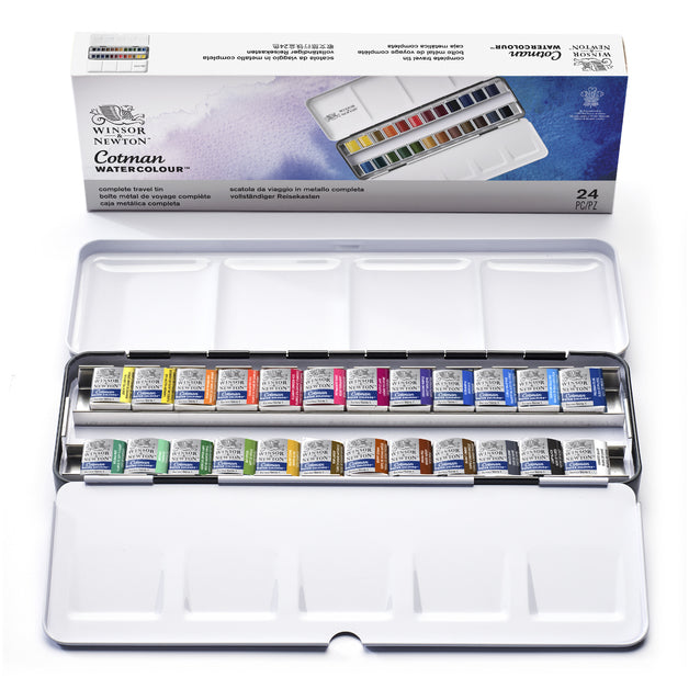 Winsor & Newton Cotman Watercolour Paint Complete 1/2 Pan Travel Tin Set 24 SET